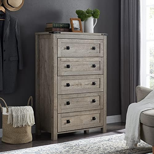 Amazon.com: Hostack 5 Drawer Tall Dresser, Modern Farmhouse Chest Of ... regarding The Perfect 5 Drawer Chest W41 x D18 x H56 for Small Living Spaces