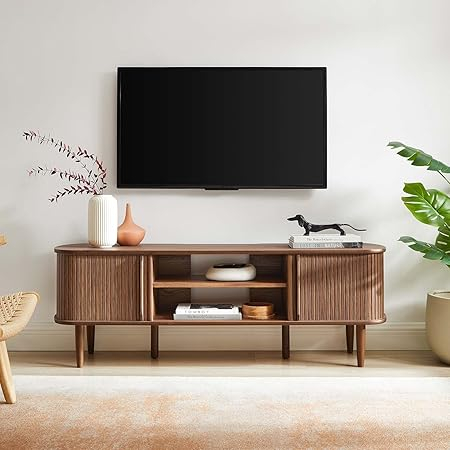 Bringing Warmth Home The Cadence 71″ Curved TV Stand in Natural Oak