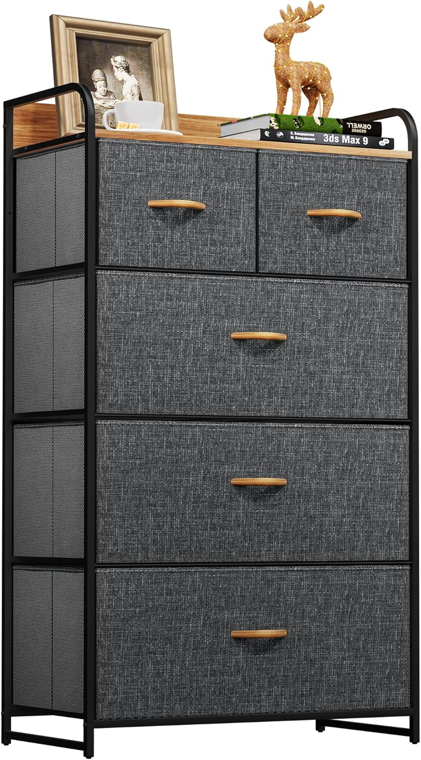 Amazon.com: Yitahome Fabric Dresser With 5 Drawers - Storage Tower With ... in 5 Drawers Wide Dresser Storage Tower Wood Top,Easy Pull Fabric Bins, Gray