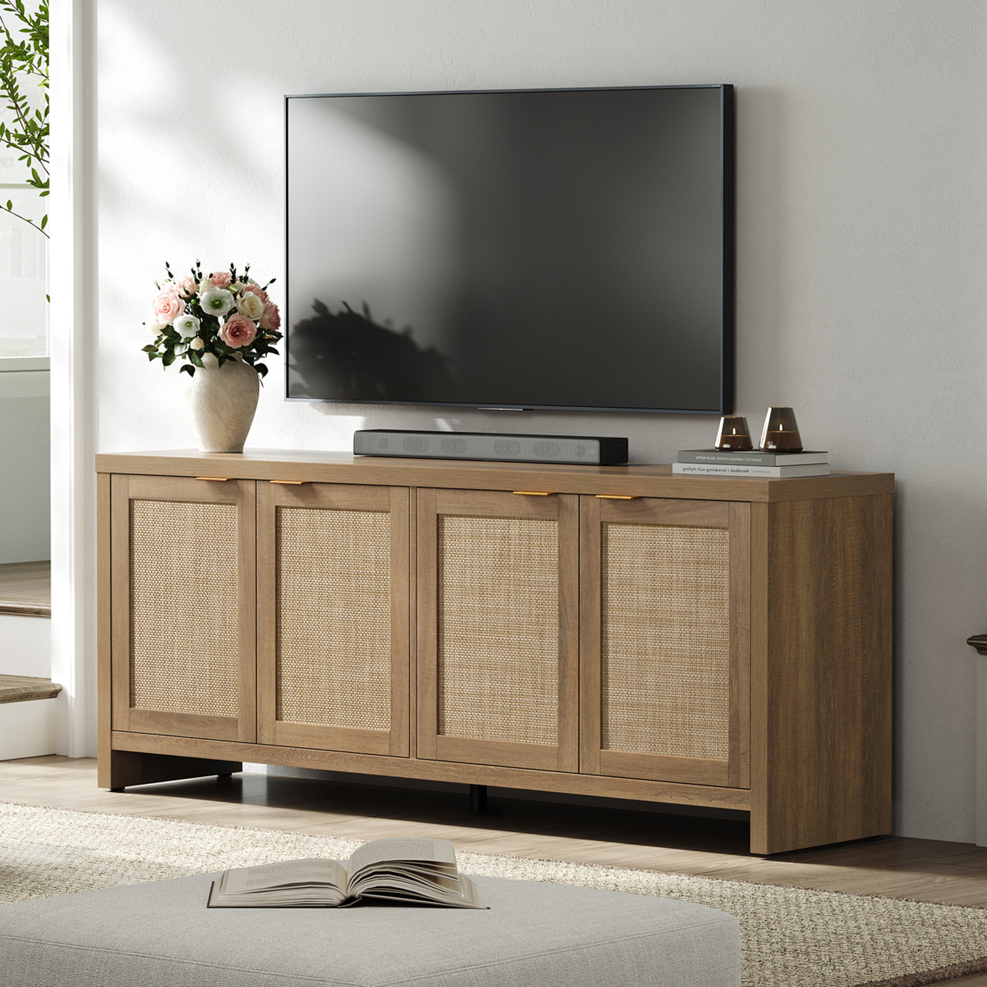 Bay Isle Home™ Boho Tv Stand With 4 Rattan Storage Cabinets, Farmhouse ... with Caned Tv Stand, Drawer, Storage Doors Fits Tvs Up To 65", Cable Management, Oak