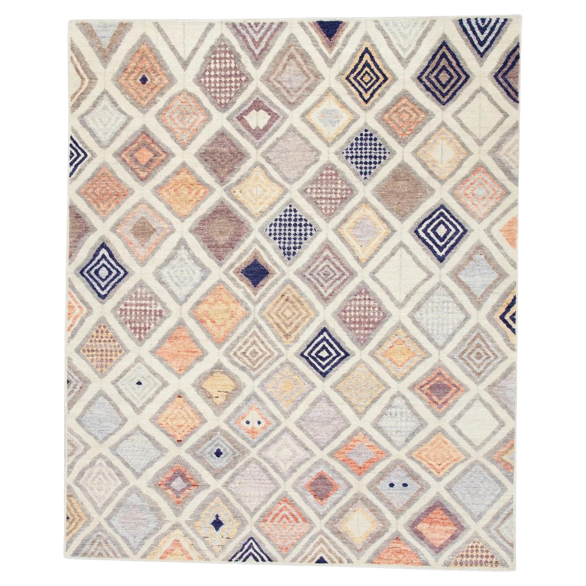 Blue Geometric Design Flatweave Handmade Wool Rug 9'3" X 11'4" For Sale ... regarding Transitional Geometric Wool Rug, Soft Handcrafted Trellis Design, 8'X10'