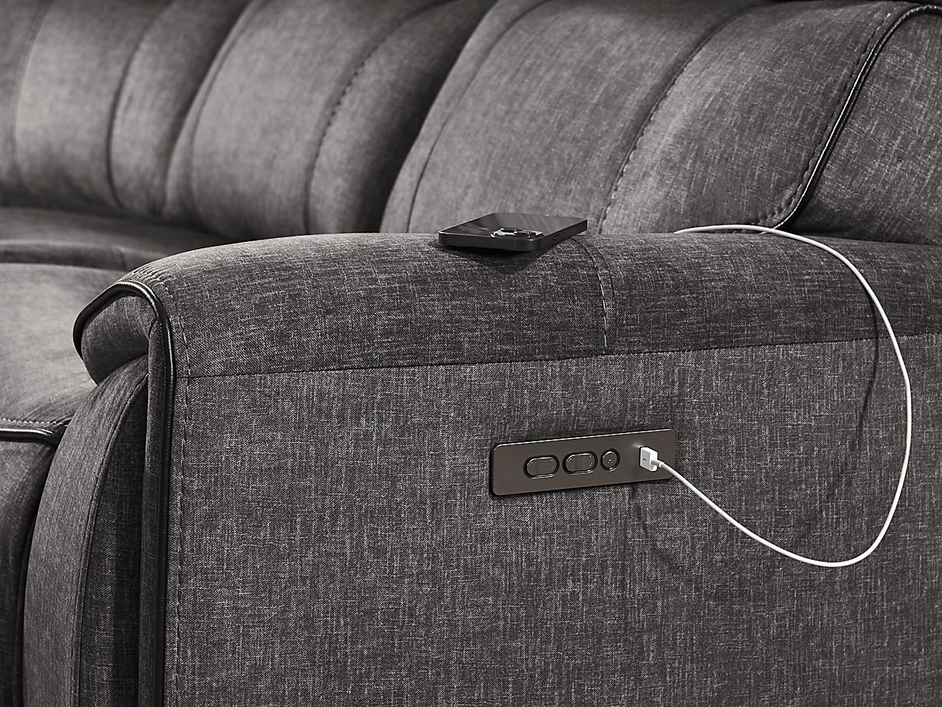 Bradshaw Place Dark Gray Polyester Fabric Dual Power Reclining Sofa ... in Gray Dual-Sided Reclining Sofa With Pull Tab, Polyester Upholstery, Cobblestone