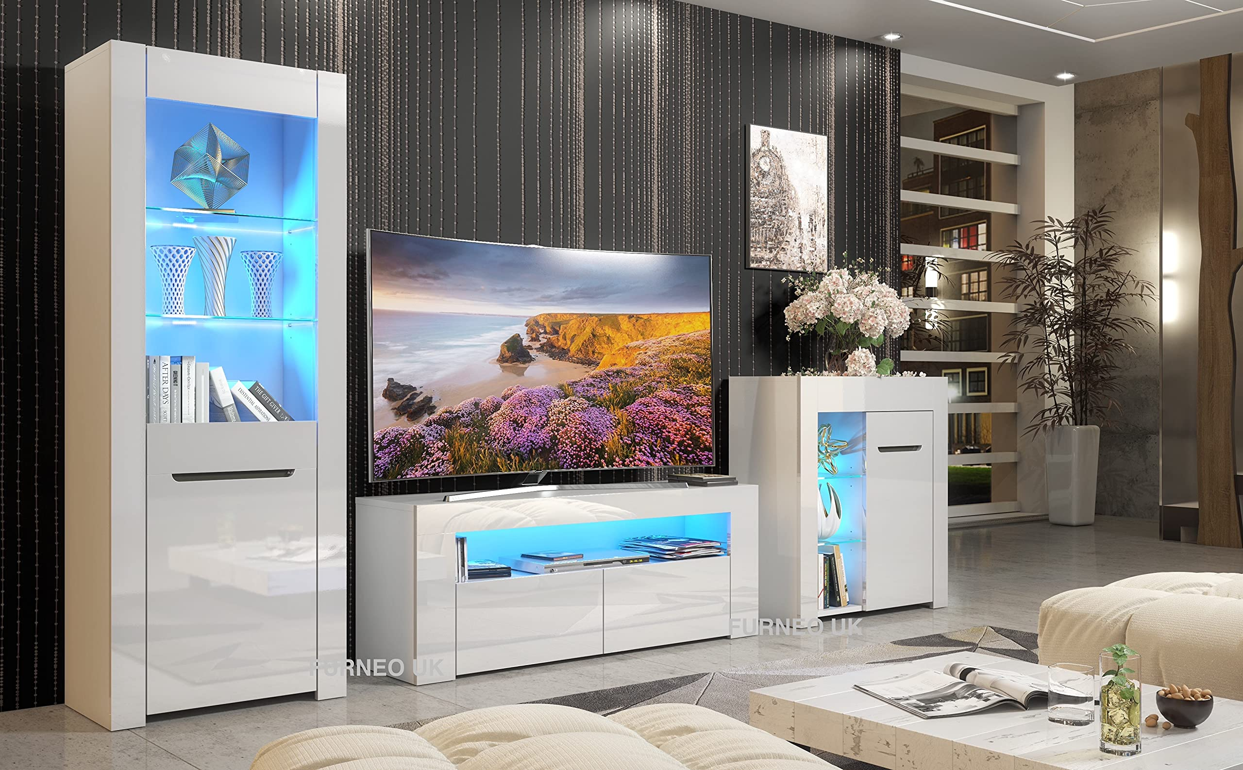 Buy Furneo High Gloss & Matt White Living Room Set Tv Stand Sideboard ... with Lido 4 Tv Set, Black/Black Gloss