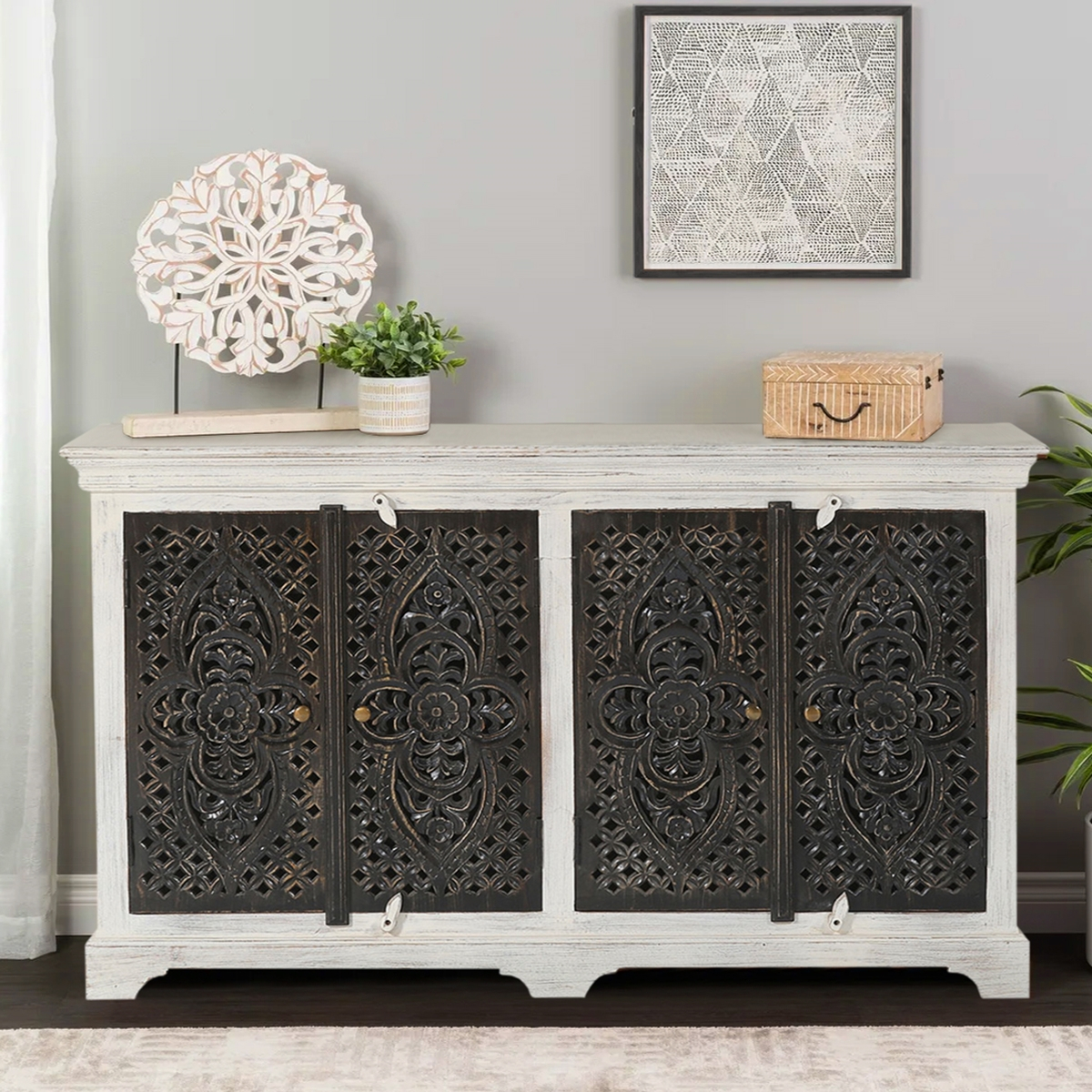 Distressed Buffet regarding Creating Visual Balance with Multi-Door Media Storage Solutions