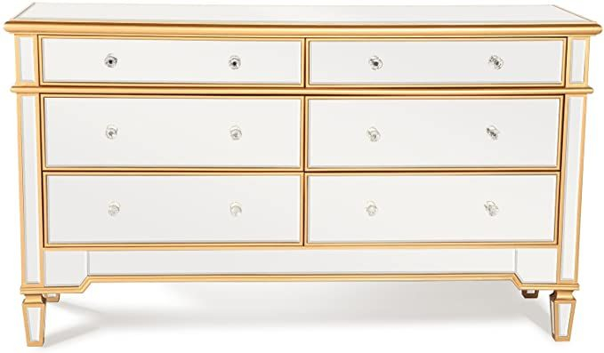 Elegant 6 Drawer Mirrored Dresser In Gold Trim Finish regarding Modernist Medium Gloss Finish Dresser, Brushed Gold