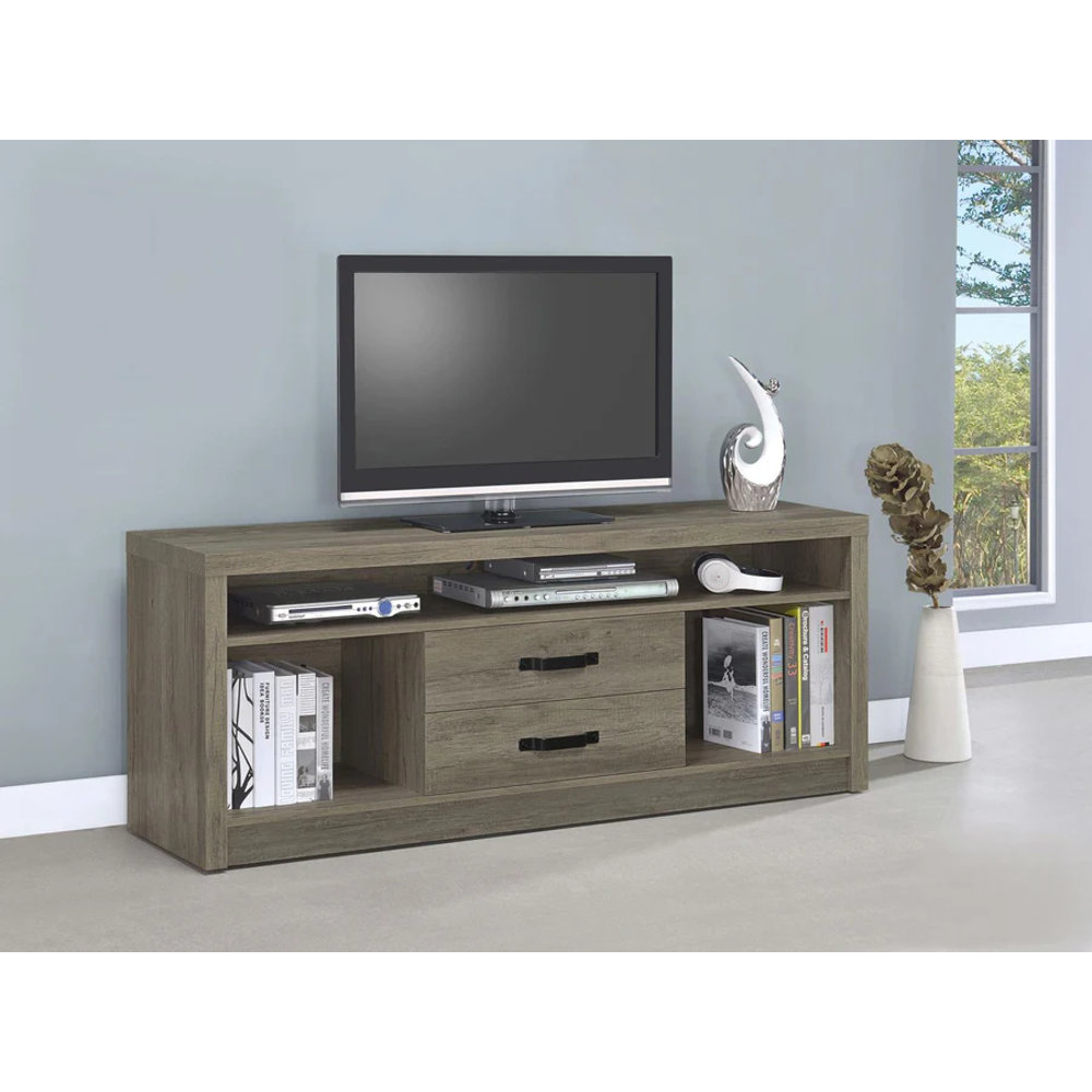Gracie Oaks Burke 2-Drawer Tv Console Gray Driftwood | Wayfair intended for A Closer Look at the Burke Engineered Wood 71" TV Stand
