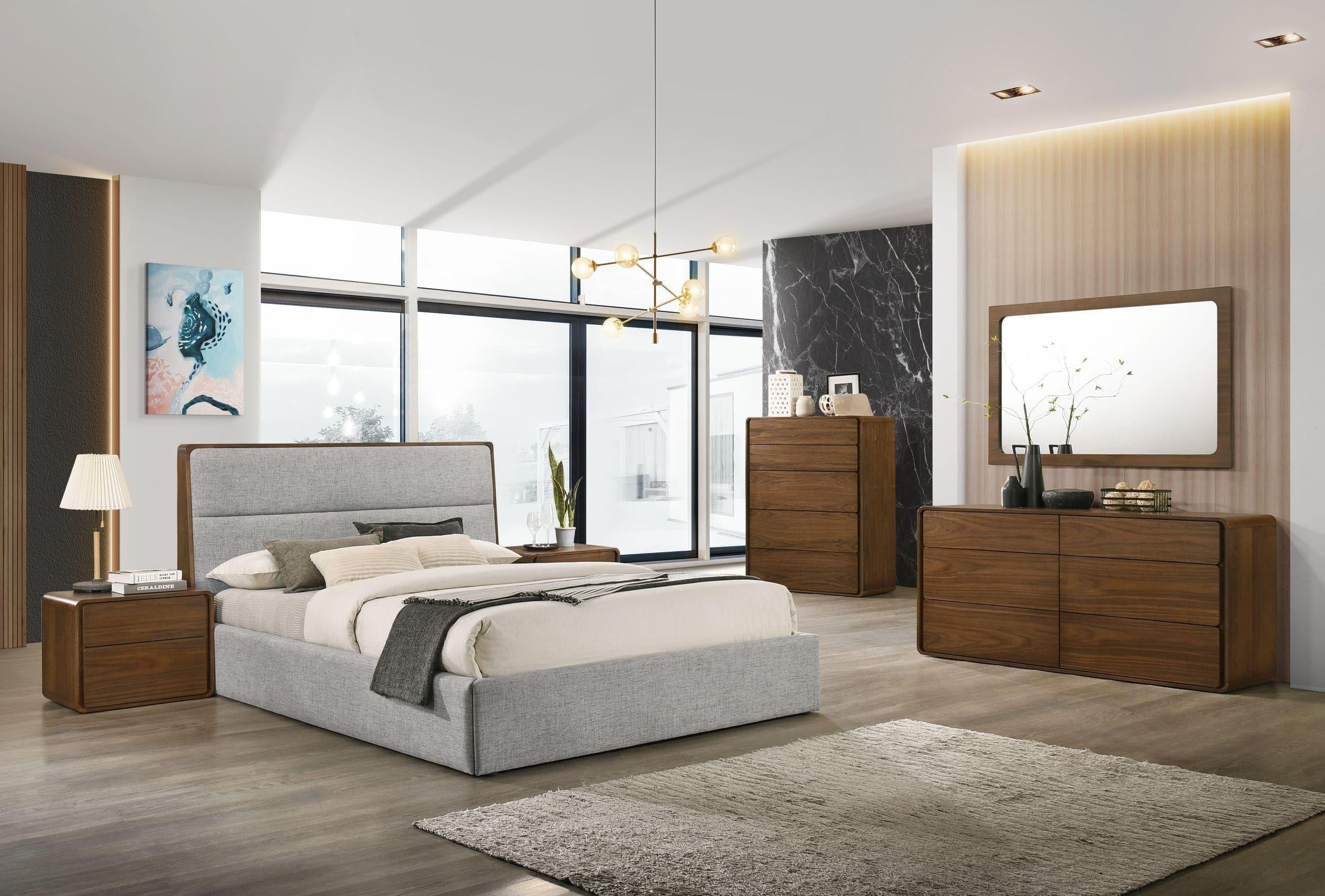 Grey Fabric & Walnut Trimmed Queen Bedroom Set 4Pcs Modrest Dustin Vig ... pertaining to Modrest Dustin Modern Walnut Dresser