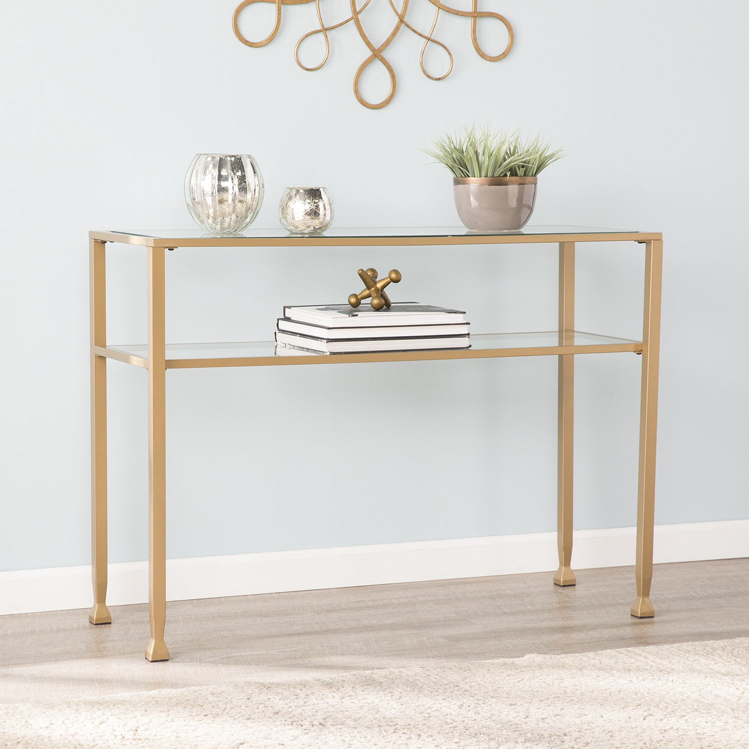 Jaymes Gold Metal And Glass Console Table throughout Jaymes Console Table/Media Stand - Silver