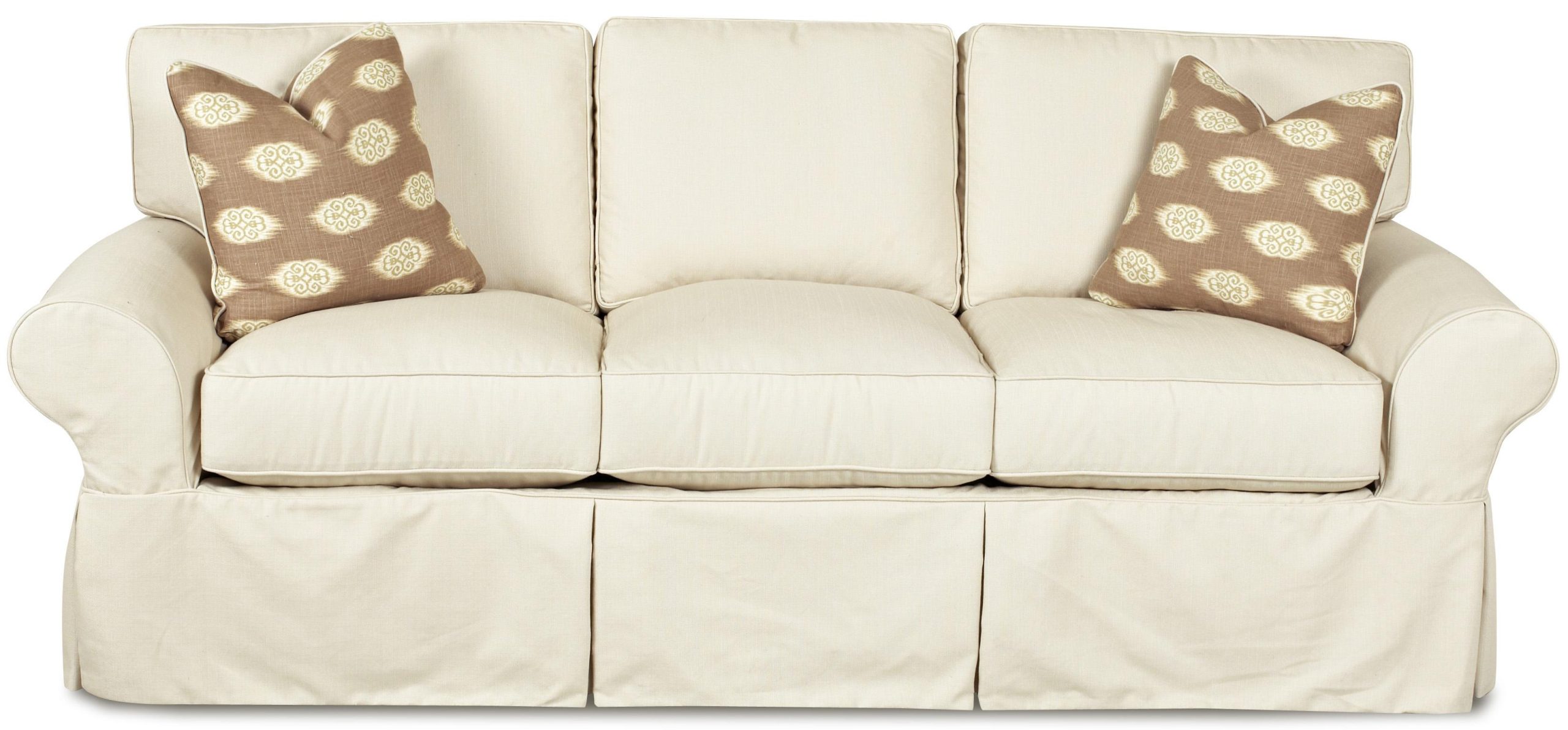 Klaussner Patterns Slipcovered Sofa With Rolled Arms And Tailored Skirt ... intended for Sofa Secrets: Skirts, Slipcovers And Legs