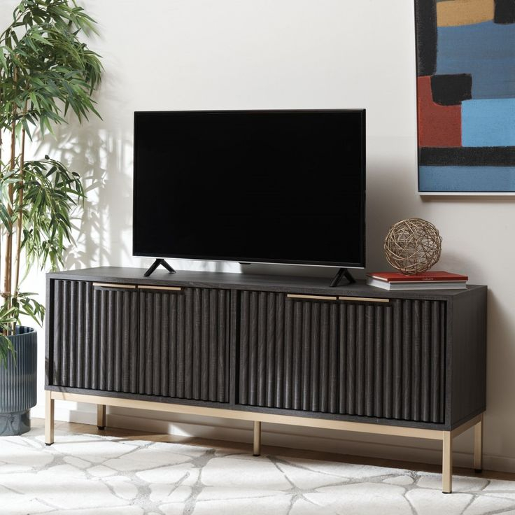 Lylia 4 Door Media Stand - Distressed Black/Gold - Safavieh | American ... for Creating Visual Harmony with Distressed Finish Media Furniture