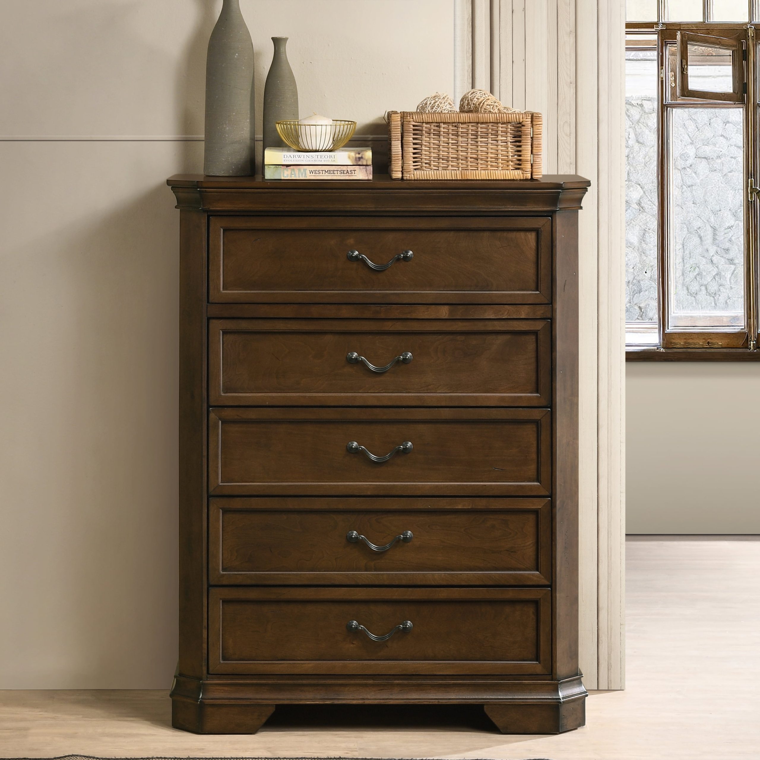 Maderne Traditional Wood 5-Drawer Chest, Antique Walnut Finish ... with Origins By Alpine Trig Wood 5 Drawer Chest In Antique Brown