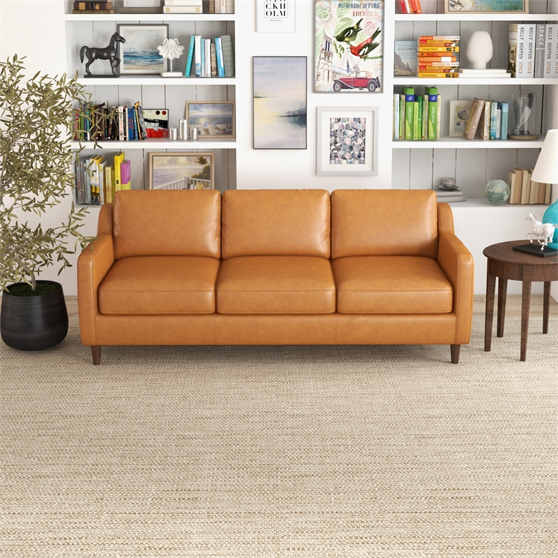 Madison Mid Century Modern Furniture Genuine Leather Couches In Cognac ... throughout Madison Mid Century Modern Furniture Genuine Leather Couches In Cognac Tan