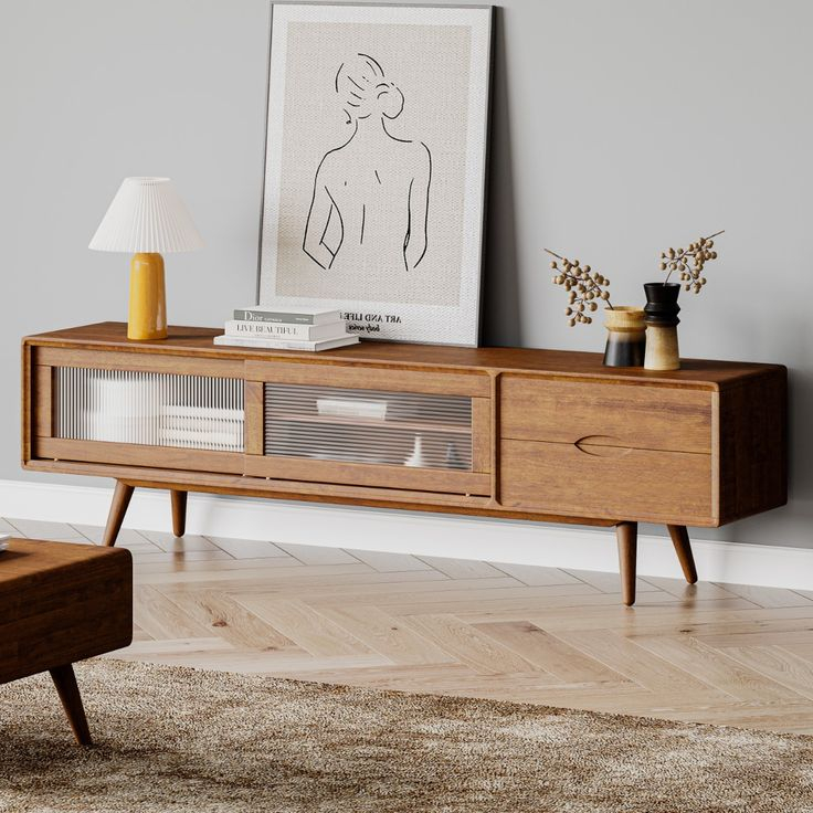 Mid-Century Solid Wood Tv Stand, Media Console With Storage, Sliding Glass Door & 2 Drawers, Wa ... for Winfield 60" 2-Door Tv Stand Media Console Black