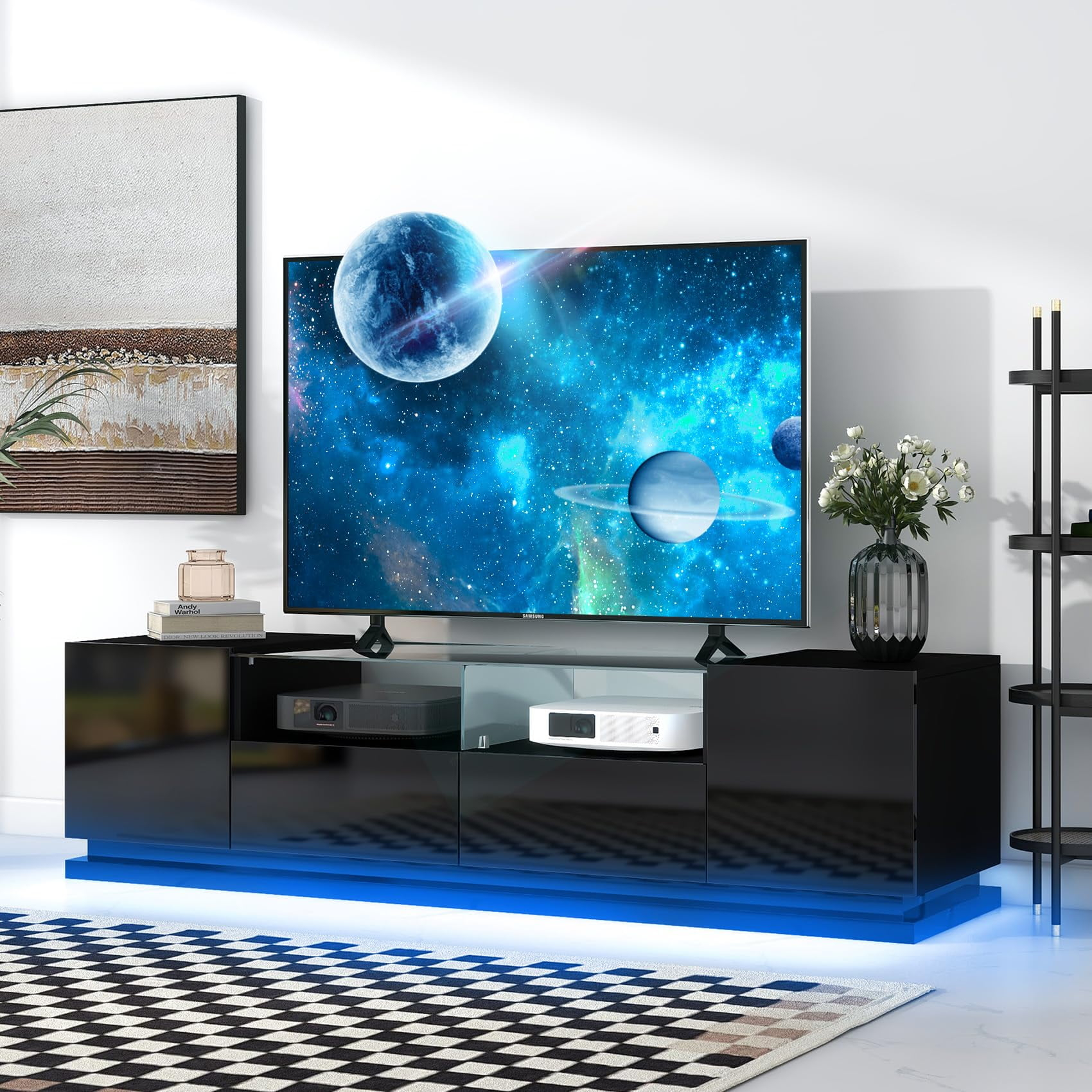 Modern Tv Stand With Led Lights, Black Led Entertainment Center For 60 ... within Altamonte Contemporary Entertainment Center With 70'' Tv Console And Led Lights