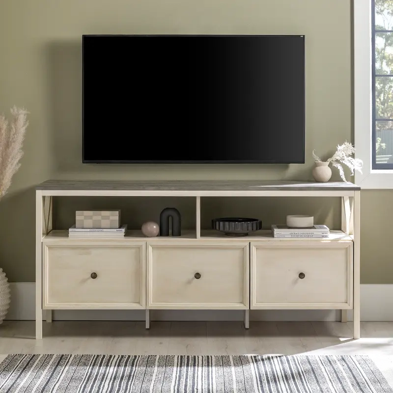 Natalee 60" Distressed White & Gray 3-Drawer Tv Stand | Rc Willey intended for Design considerations for modern living room storage solutions
