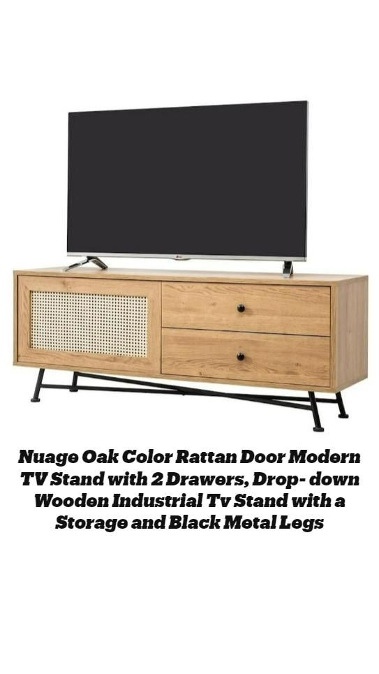 Nuage Oak Color Rattan Door Modern Tv Stand With 2 Drawers, Drop-Down ... regarding