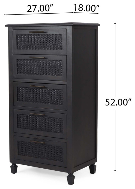 Pollards Rustic Acacia Wood And Cane 5 Drawer Dresser, Dark Gray ... inside Styling Tips for Your Pollards Rustic Acacia Wood and Cane 3 Drawer Dresser
