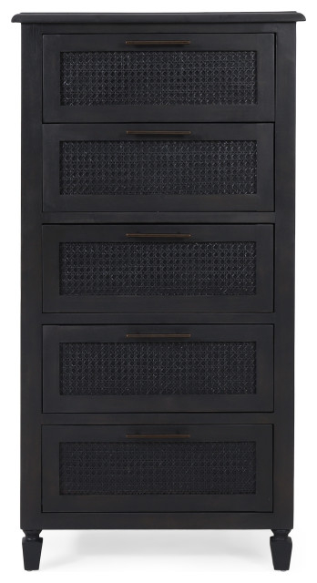 Pollards Rustic Acacia Wood And Cane 5 Drawer Dresser, Dark Gray ... regarding Styling Tips for Your Pollards Rustic Acacia Wood and Cane 3 Drawer Dresser