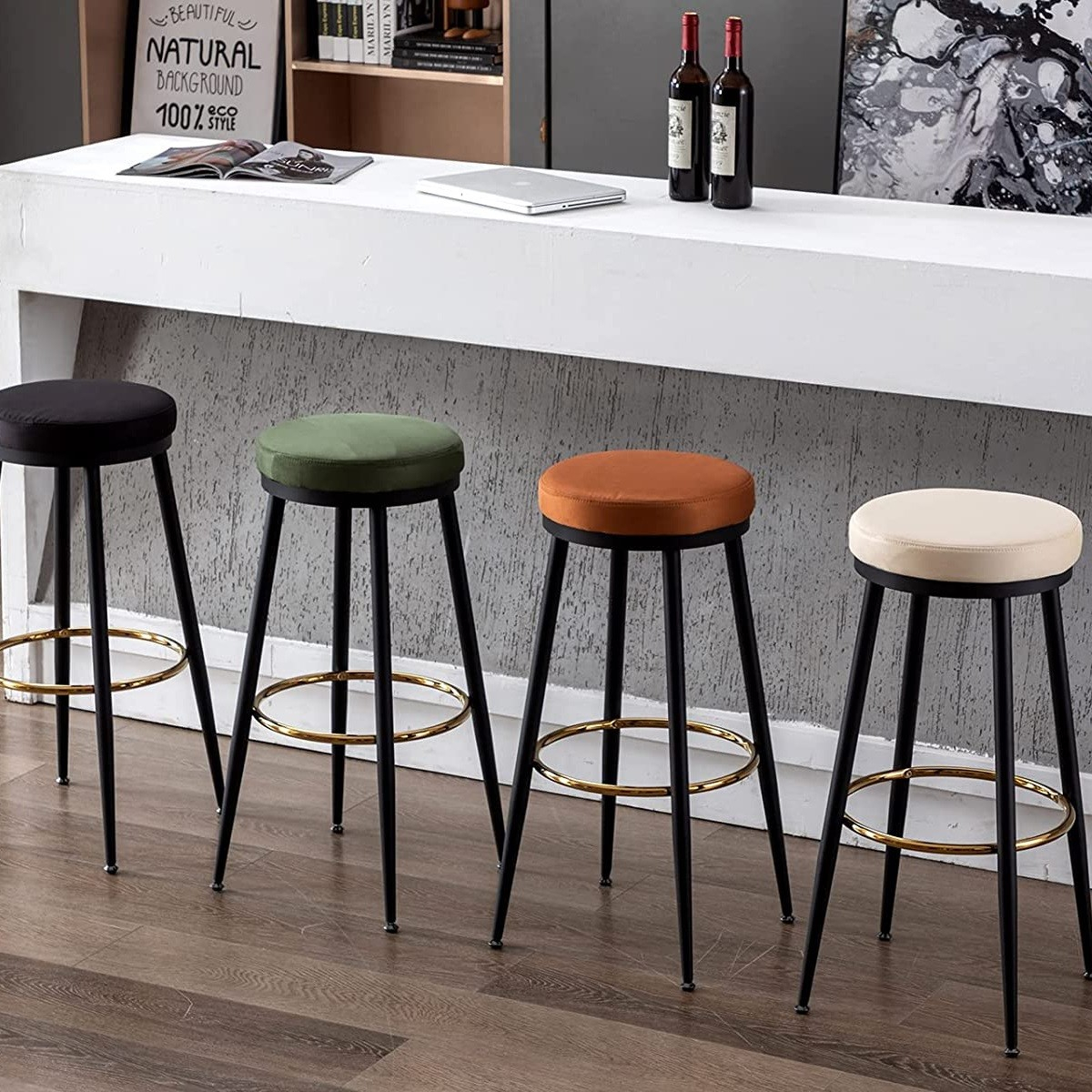 Round Backless Bar Stools Upholstered Velvet Seats With Black Bases And ... for Backless Industrial Bar Stool With Geometric Metal Base And Gold Seat