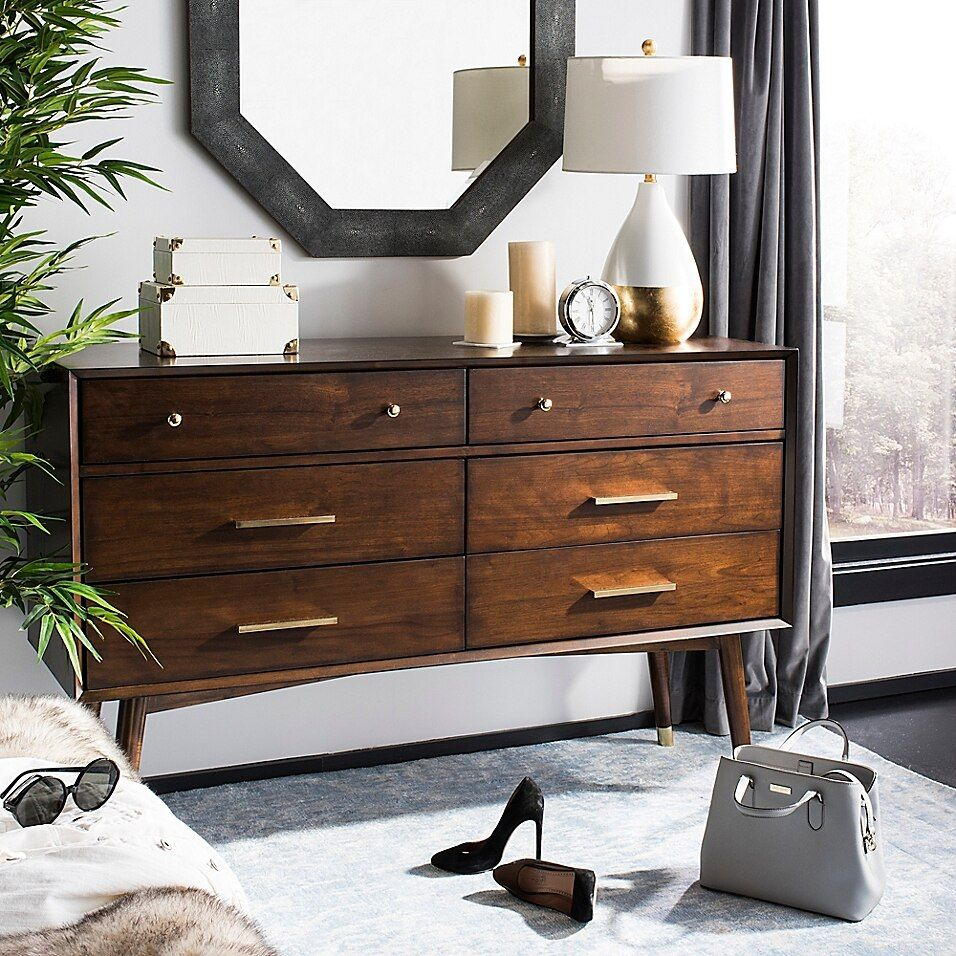 Safavieh Madden 6-Drawer Retro Dresser In Walnut | Bed Bath & Beyond ... pertaining to Dann Foley Six Drawer Dresser Walnut Wood Veneer