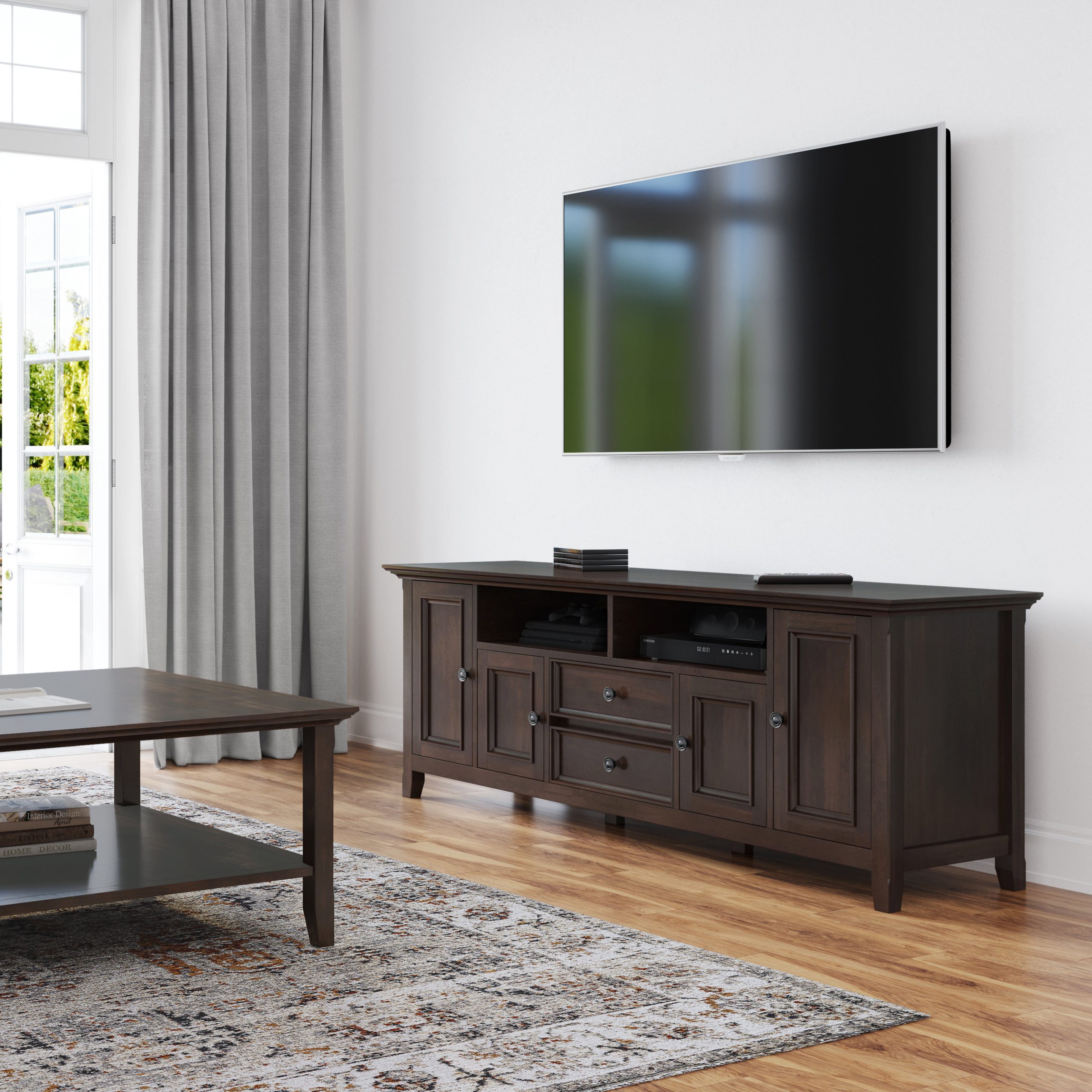 Simpli Home Amherst Solid Wood 72 Inch Wide Tv Media Stand For Tvs Up ... pertaining to Maximizing your TV viewing experience with thoughtful furniture design