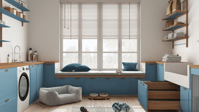 Space Devoted To Pet, Scandinavian Laundry Room, Wooden And Blue ... intended for Creating the Perfect Laundry Sanctuary for Dog Lovers