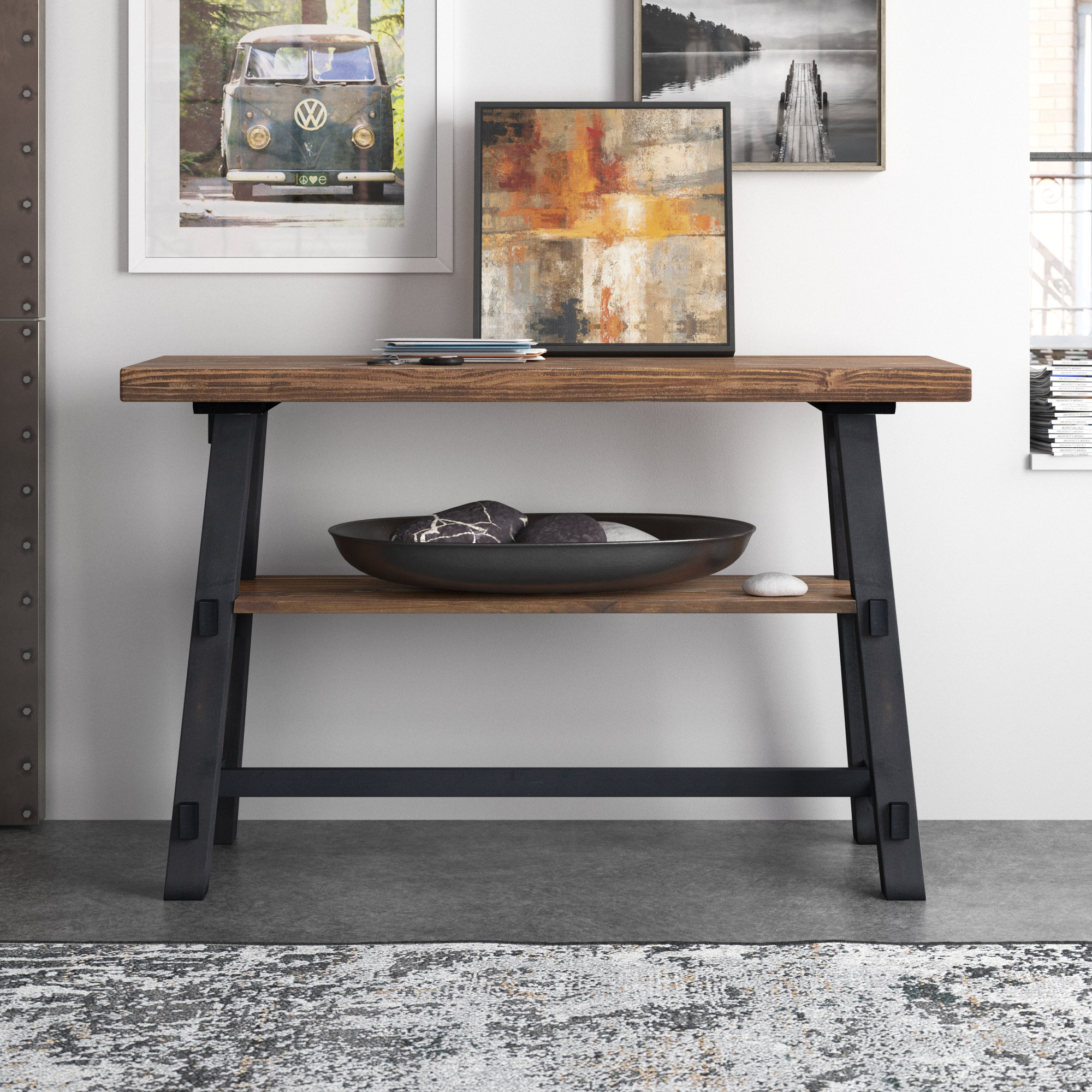 Steelsideâ„¢ Adam 48" Wide Rustic Industrial Solid Wood Rectangular Sofa ... pertaining to Stockbridge 36"L Wood Sofa/Tv Console, Drawer
