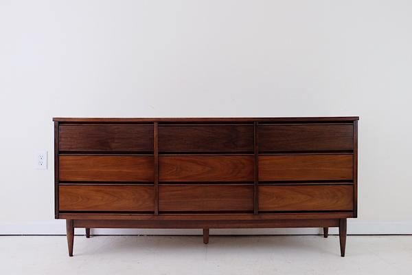 Tonal Mid Century Modern Low Triple Dresser Nine Drawers New Walnut Ve ... pertaining to Dann Foley Six Drawer Dresser Walnut Wood Veneer