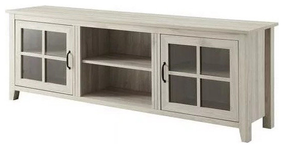 Transitional Tv Stand, Modern Farmhouse Design, Glass Doors, Open Shelf ... regarding Beyond the Basics: Mastering Glass Doors and Open Shelf Integration in Contemporary Spaces