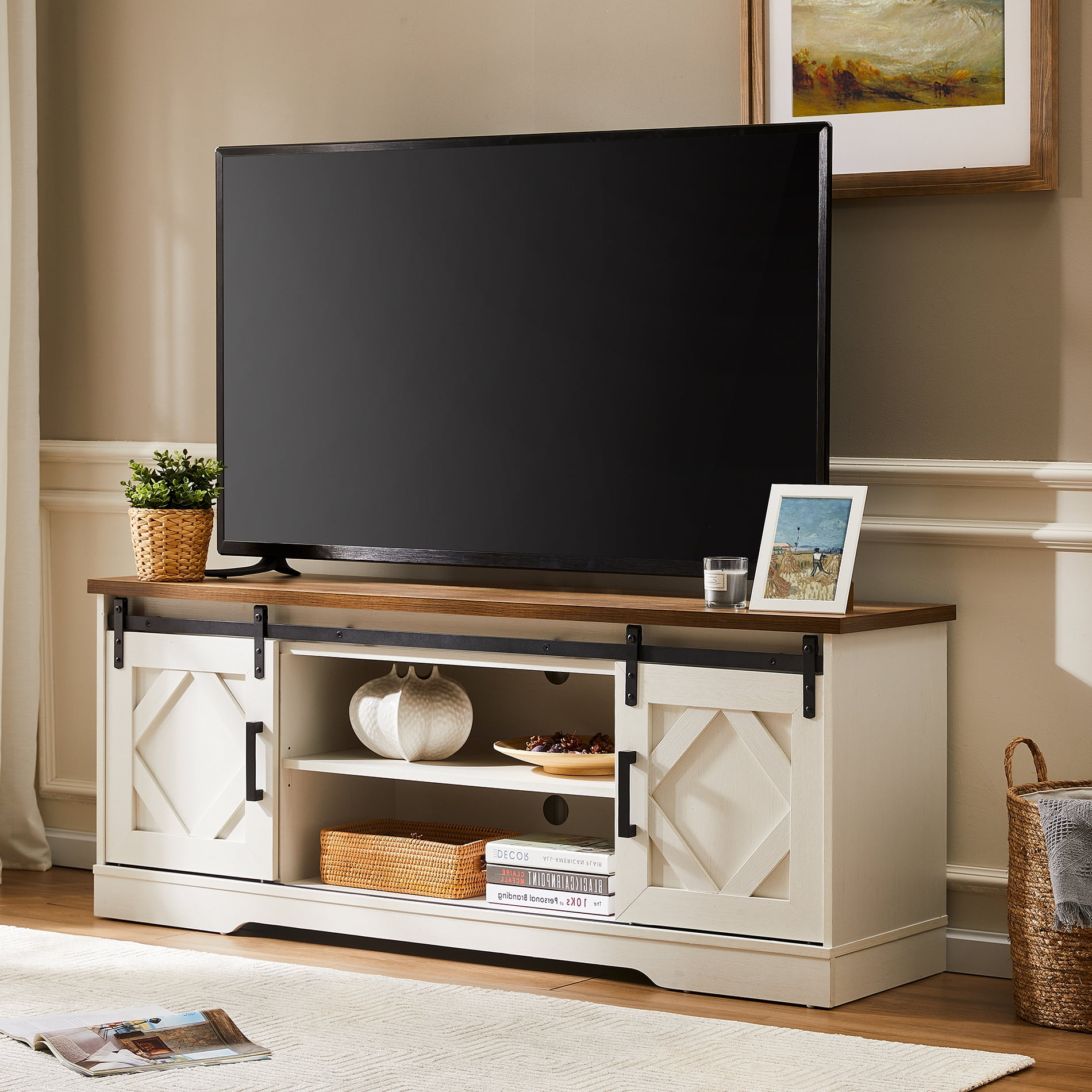 Wampat Farmhouse Tv Stand For Tv Up To 65" Barn Door Media Console ... with Furniture Of America Acres Farmhouse Wood 6-Shelf Tv Console In Brown