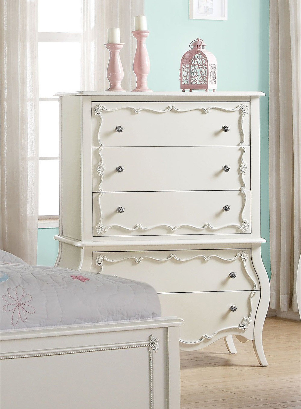 5 Drawers Chest With Nickel Rose Handle, Pearl White - Traditional ... intended for 5-Drawer Chest, Pearl White