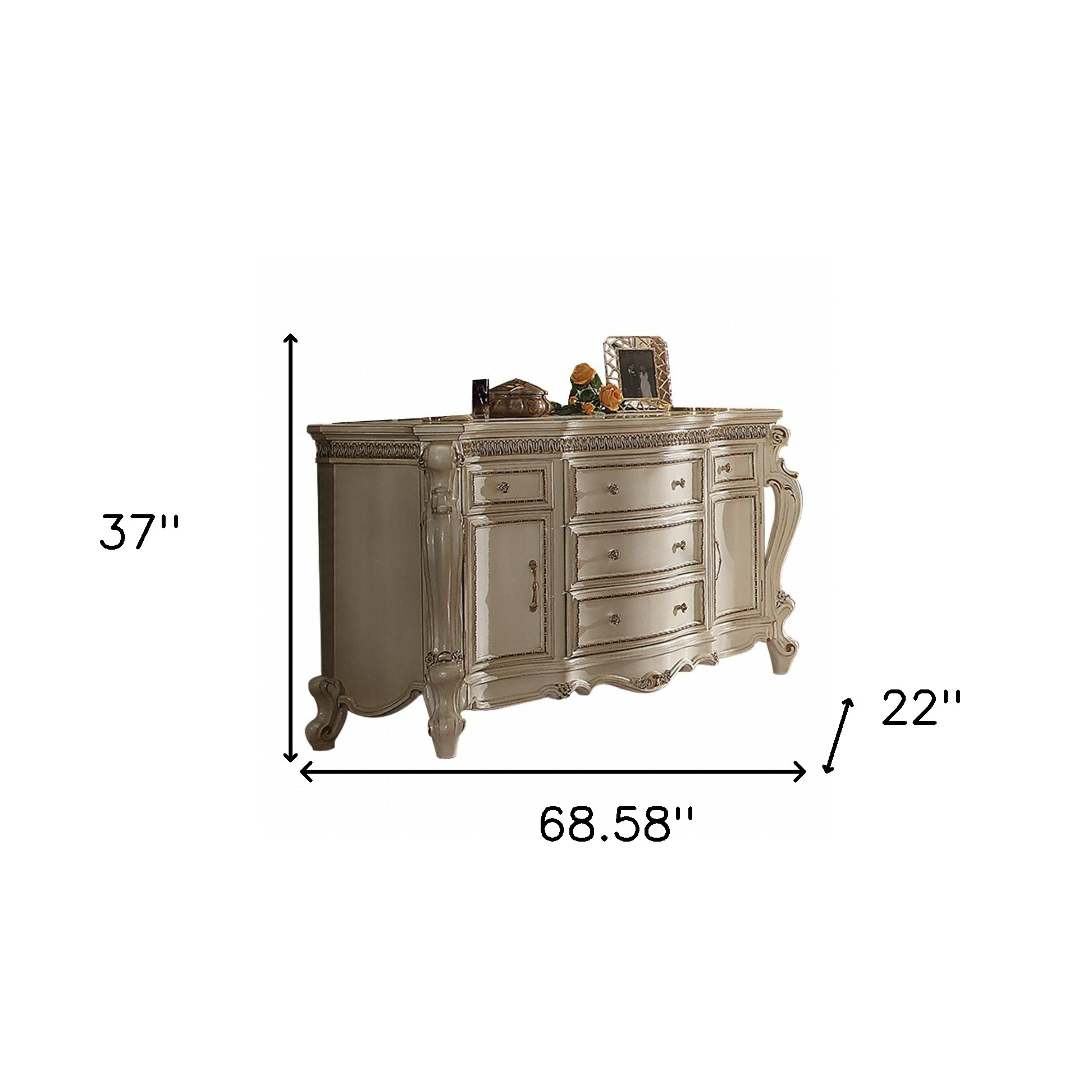 69" Antique Pearl Manufactured Wood Five Drawer Dresser within 58" X 16" X 37" Weathered Gray Dresser