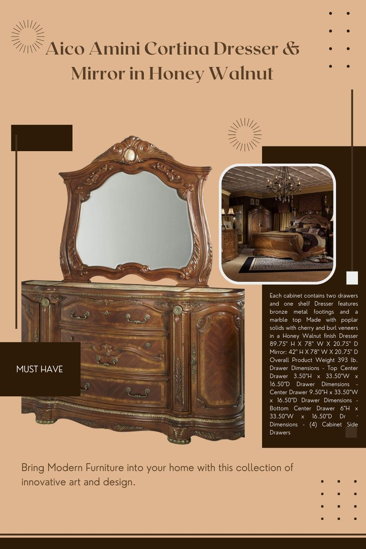 Aico Amini Cortina Dresser & Mirror In Honey Walnut In 2024 | Honey ... regarding Cortina Dresser and Mirror Set - Honey Walnut