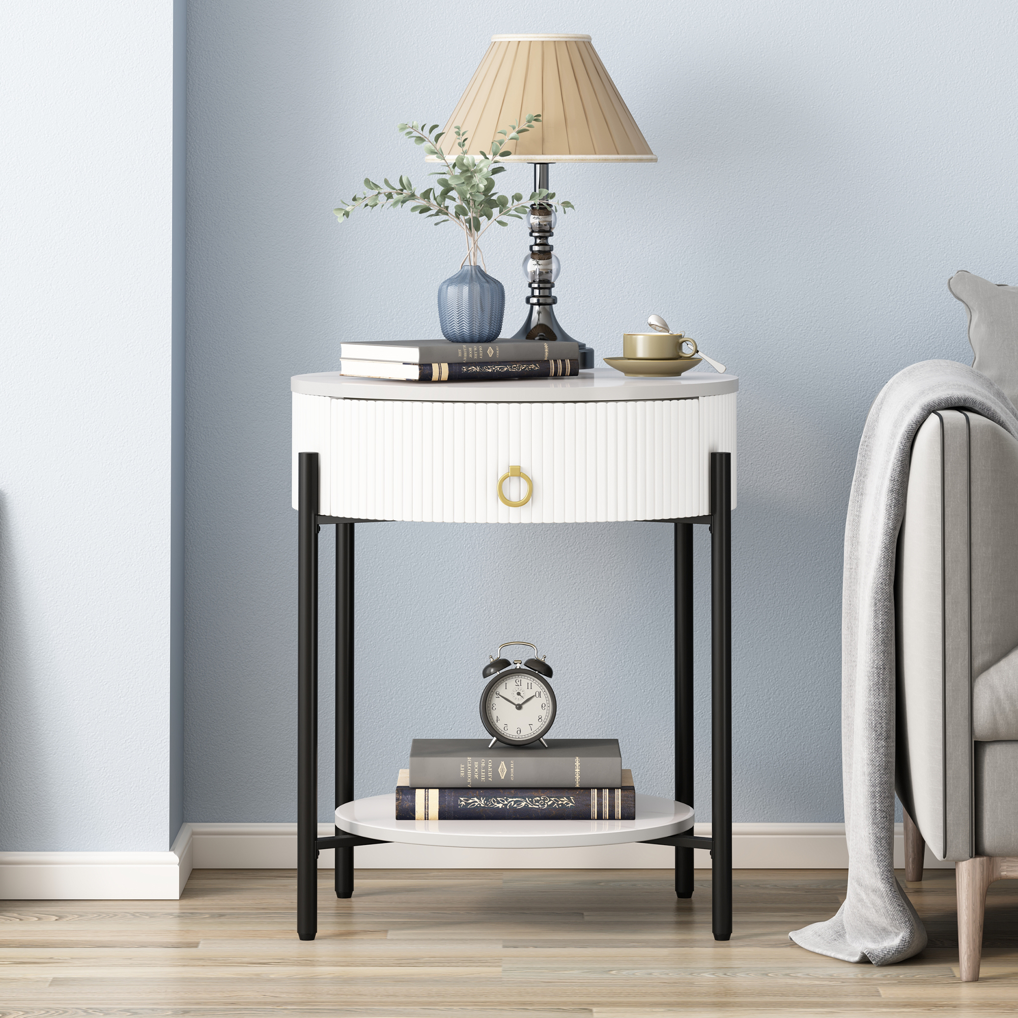 Asya White Round End Table With Drawer, Metal Side Table With Storage ... throughout Understanding the versatility of white and gold round end tables with one drawer and open shelf