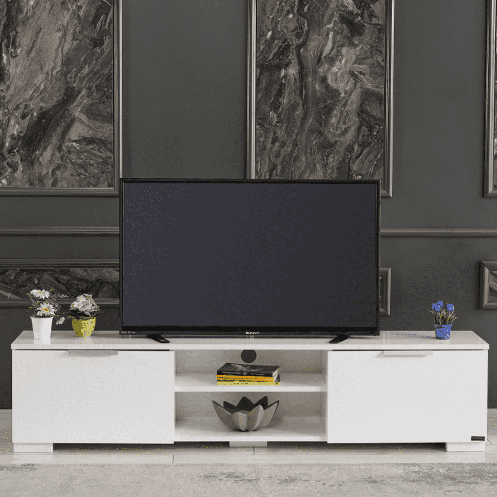 Cfowner Mid Century Modern 2 Door Wood Shelf Tv Stand For Tvs Up To 75 ... inside Hollis 2-Door Wood 67" Tv Stand With Drawer Brown And White