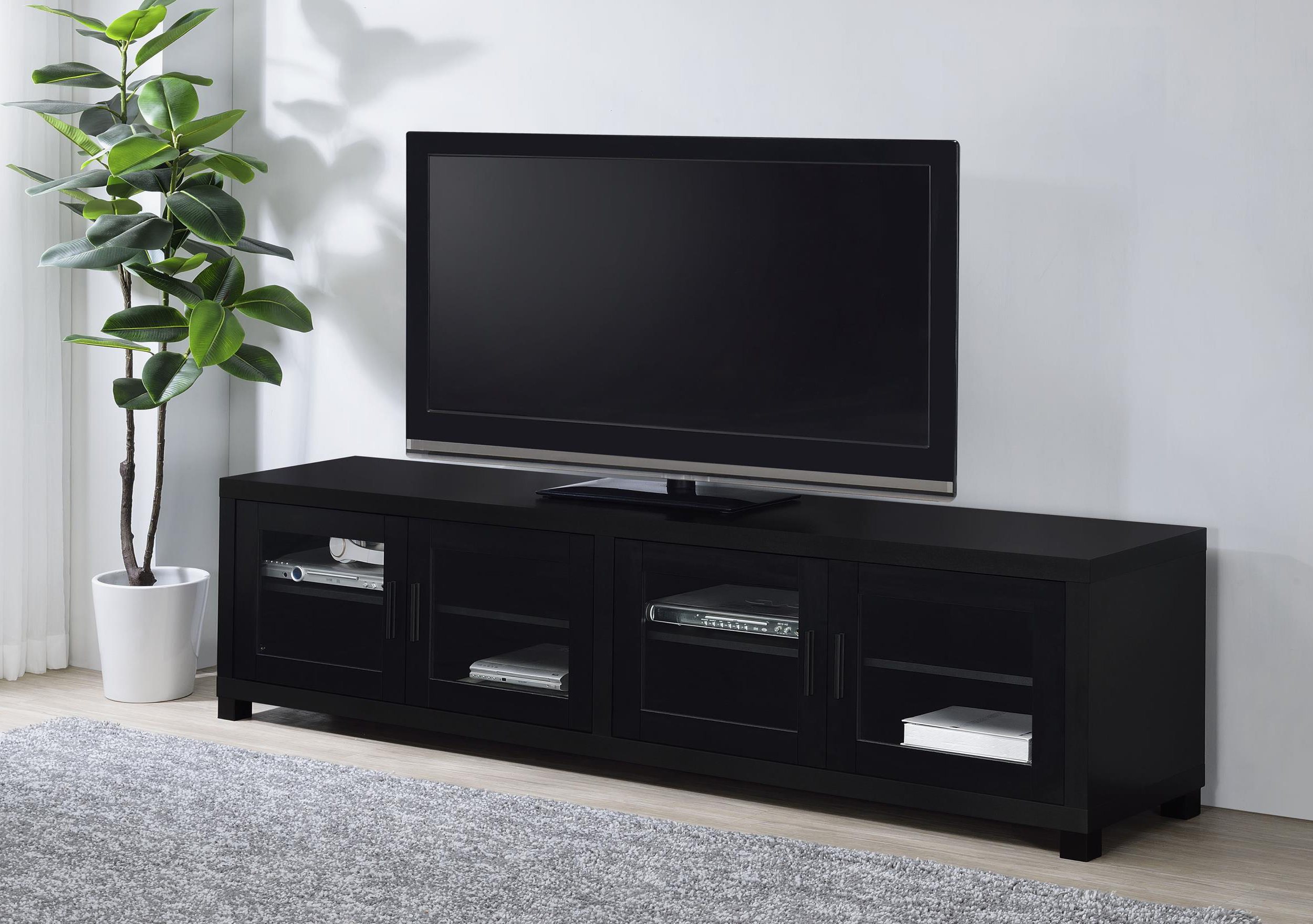Lark Manorâ„¢ 4-Door Engineered Wood 79-Inch Tv Stand Black | Wayfair throughout Laughlin 4-Door Engineered Wood 78" Tv Stand White