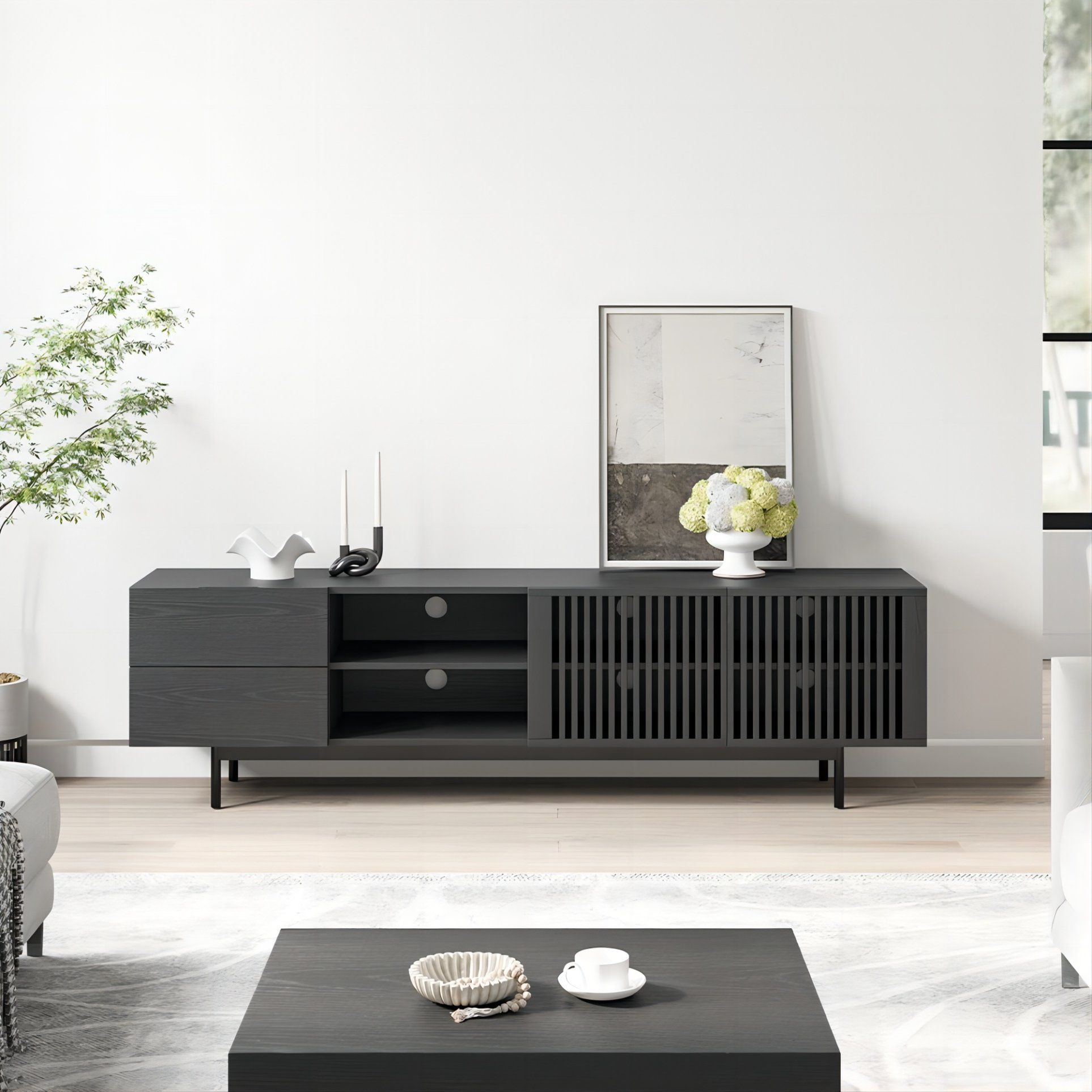 Mid-Century Modern Tv Stand With Slatted Doors, Open Storage 70" - Tv ... with regard to Comparing material choices in contemporary TV stands