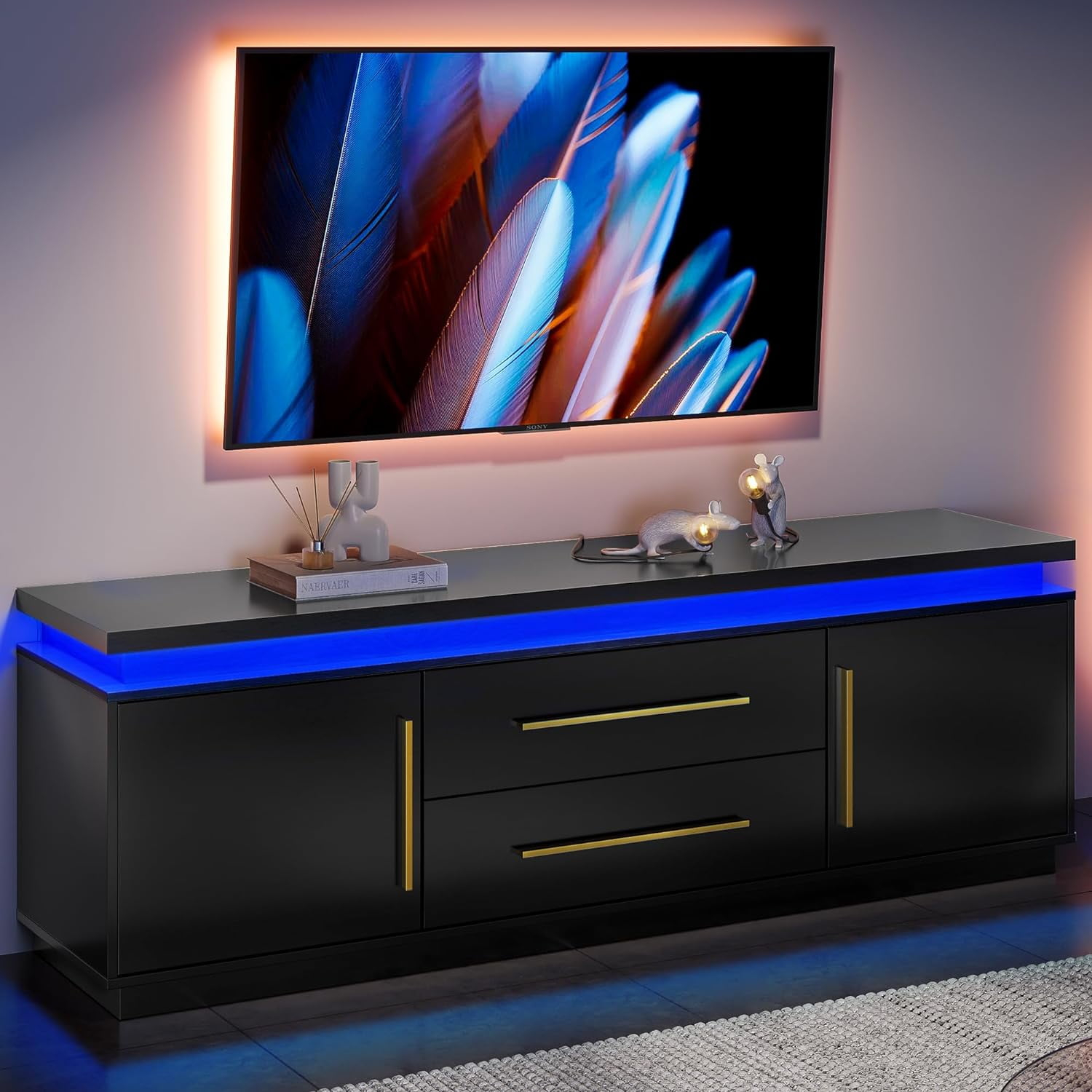 Onker 67" Tv Stand For Tv Up To 75", Modern Entertainment Center With ... with 67" Tv Stand For Tv Up To 75", With Led Lights Change To Melody Of Music, Black
