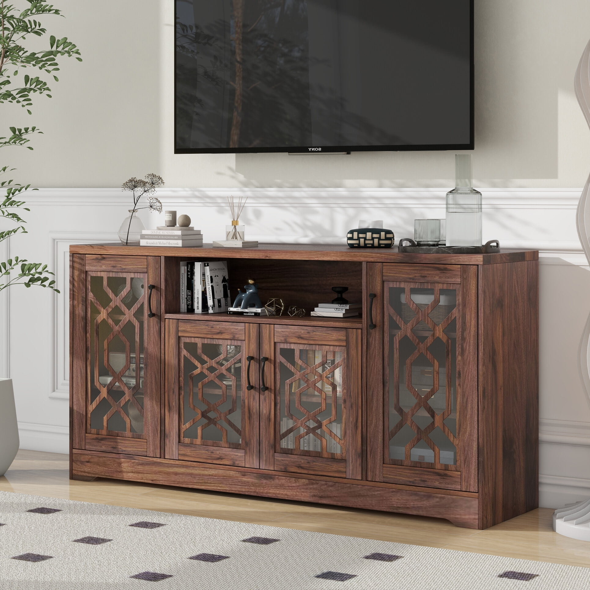 Vintage Wooden Tv Stand For 65+ Inch Tv, Rustic Media Console With ... with Beaumont Lane Modern Mango Wood Tv Stand For Tvs Up To 65" In Medium Walnut