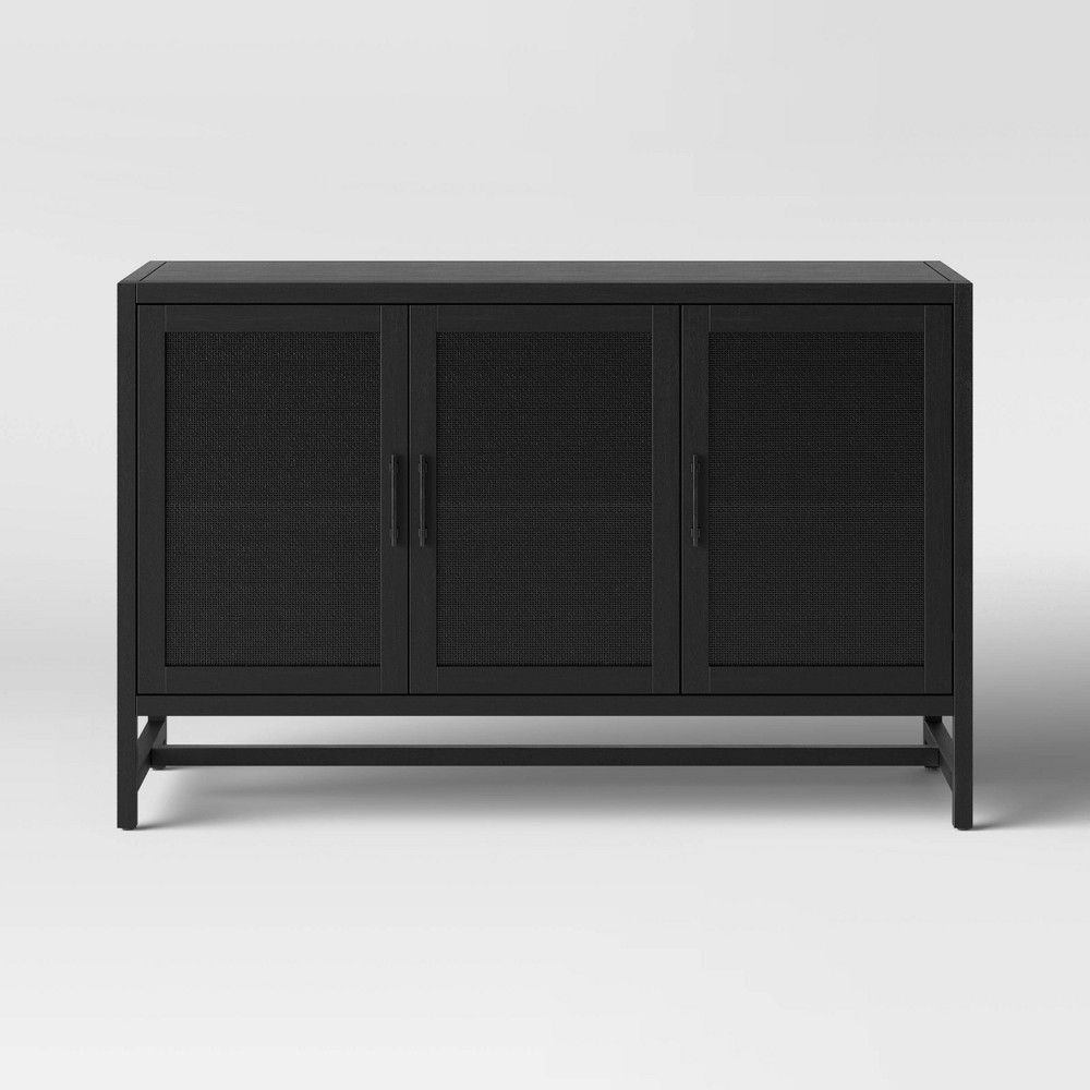 Warwick 3 Door Accent Tv Stand For Tvs Up To 59" Stand Black ... in Transitional Tv Console, 2 Doors With Accented Front And Ring Metal Pulls, Black