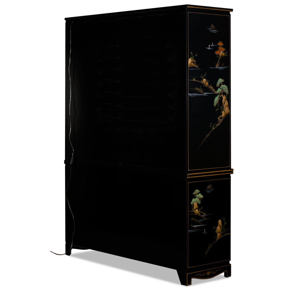 60In Black Lacquer Chinoiserie Oriental China Cabinet pertaining to Mastering the Techniques Used in Creating 60 Black Lacquer Pearl Figure Motif China Cabinets