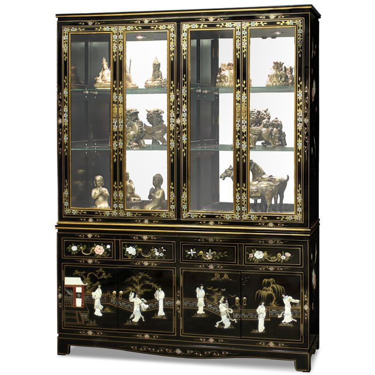 60In Black Lacquer Pearl Figure Motif China Cabinet. Inspired By 18Th ... regarding 60" Black Lacquer Pearl Figure Motif China Cabinet