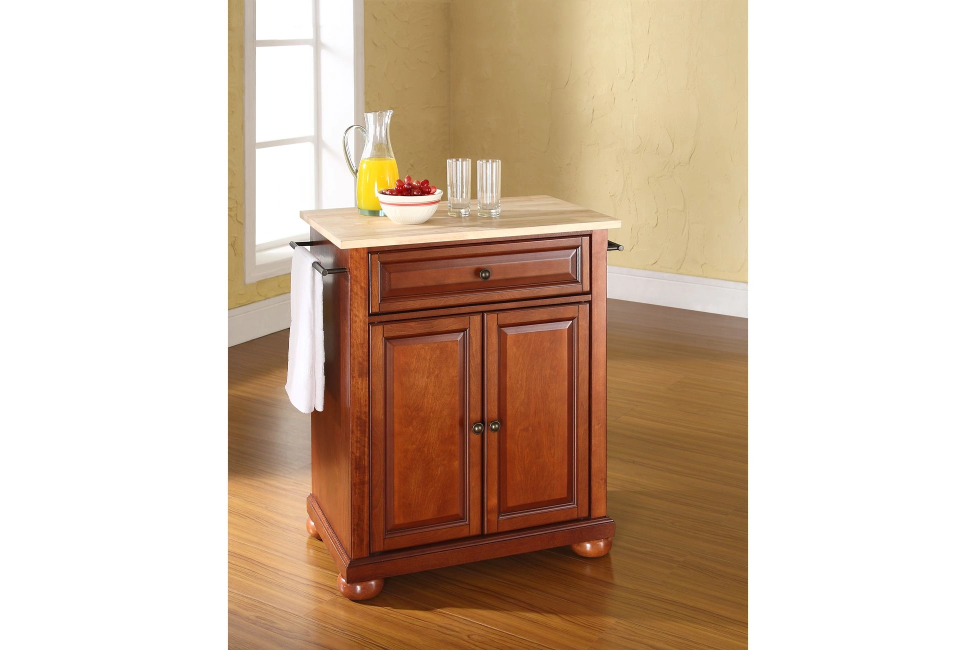 Alexandria Natural Wood Top Portable Kitchen Island In Classic Cherry within Alexandria Natural Wood Top Portable Kitchen Island, White Finish