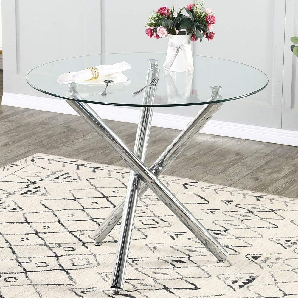 Amazon.com - Glass Round Dining Table With Clear Tempered Top - Modern ... within Altura Modern Glam Tempered Glass End Tables, Set Of 2, Clear