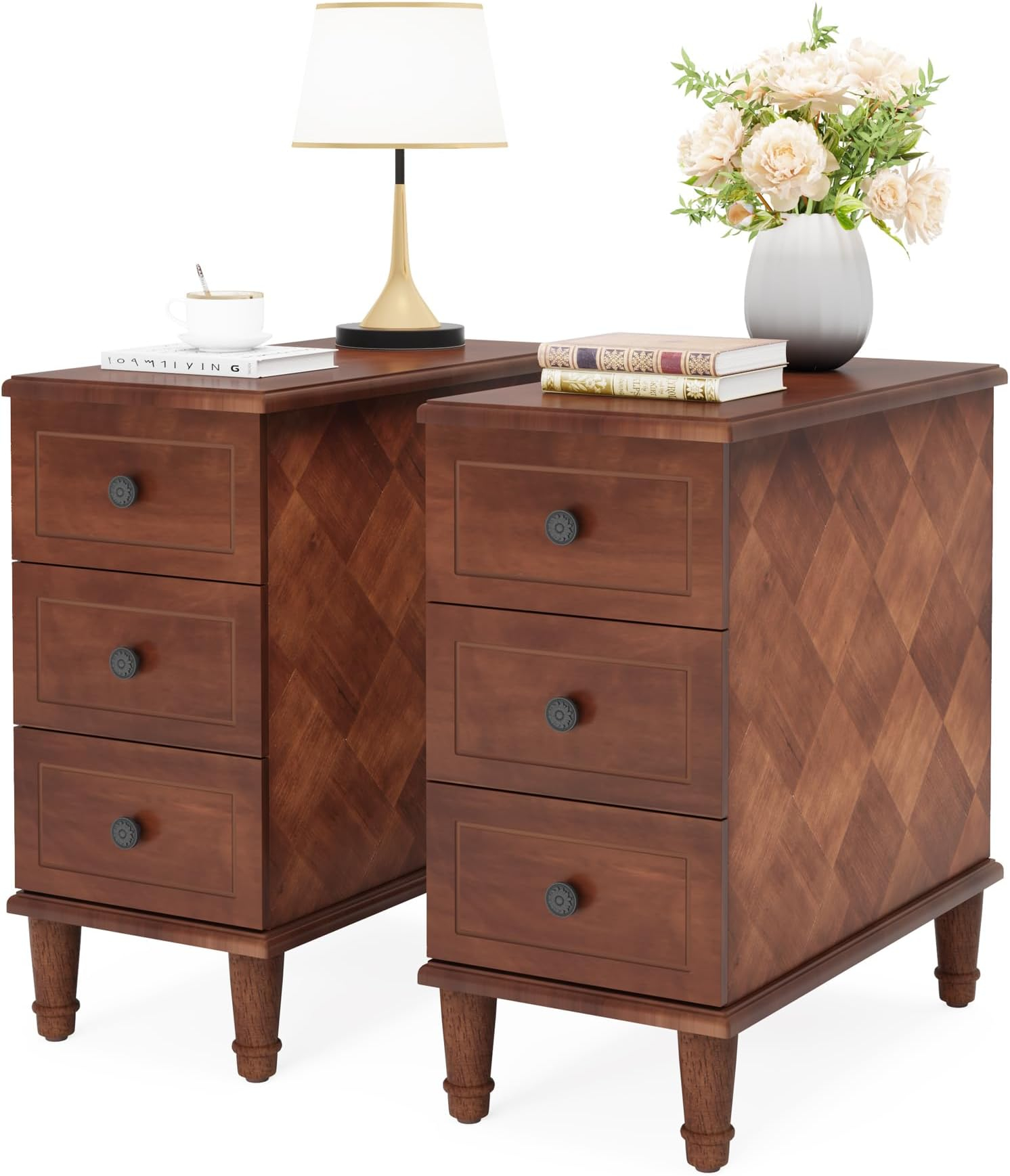 Amazon.com: Padma House Set Of 2 Solid Wood End Table With 2 Drawers ... inside John Paul Solid Wood W/Glass Top Round Accent Tables (Set Of 2)
