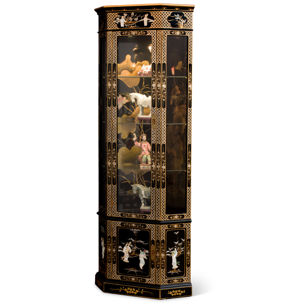 Black Lacquer Mother Of Pearl Ladies Motif Chinese Corner Display ... within Mastering the Techniques Used in Creating 60 Black Lacquer Pearl Figure Motif China Cabinets