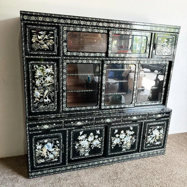 Chinese Black Lacquered And Mother Of Pearl Inlaid China Cabinet | Chairish throughout 60" Black Lacquer Pearl Figure Motif China Cabinet