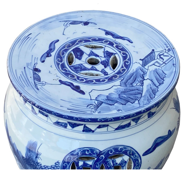 Chinese Blue And White Porcelain Mountain Tree Small Round Stool Table ... in Exploring the Artistry of Chinese Blue and White Porcelain Flower Birds Design
