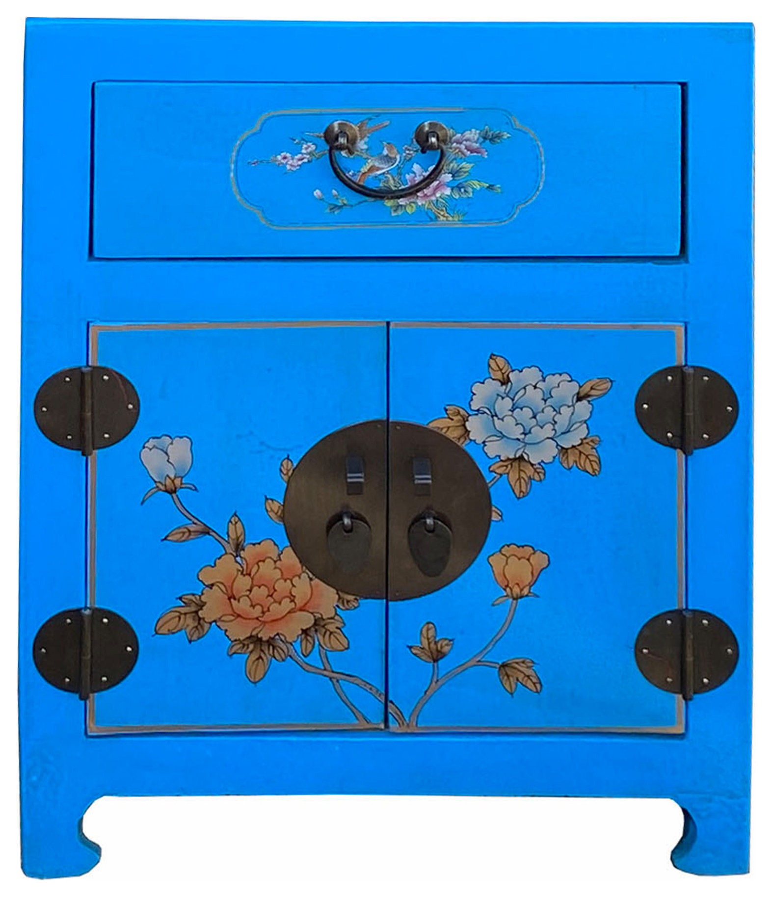 Understanding the Charm of Chinese Bright Blue Vinyl Moon Face Flower Birds End Table Nightstand Hcs7131