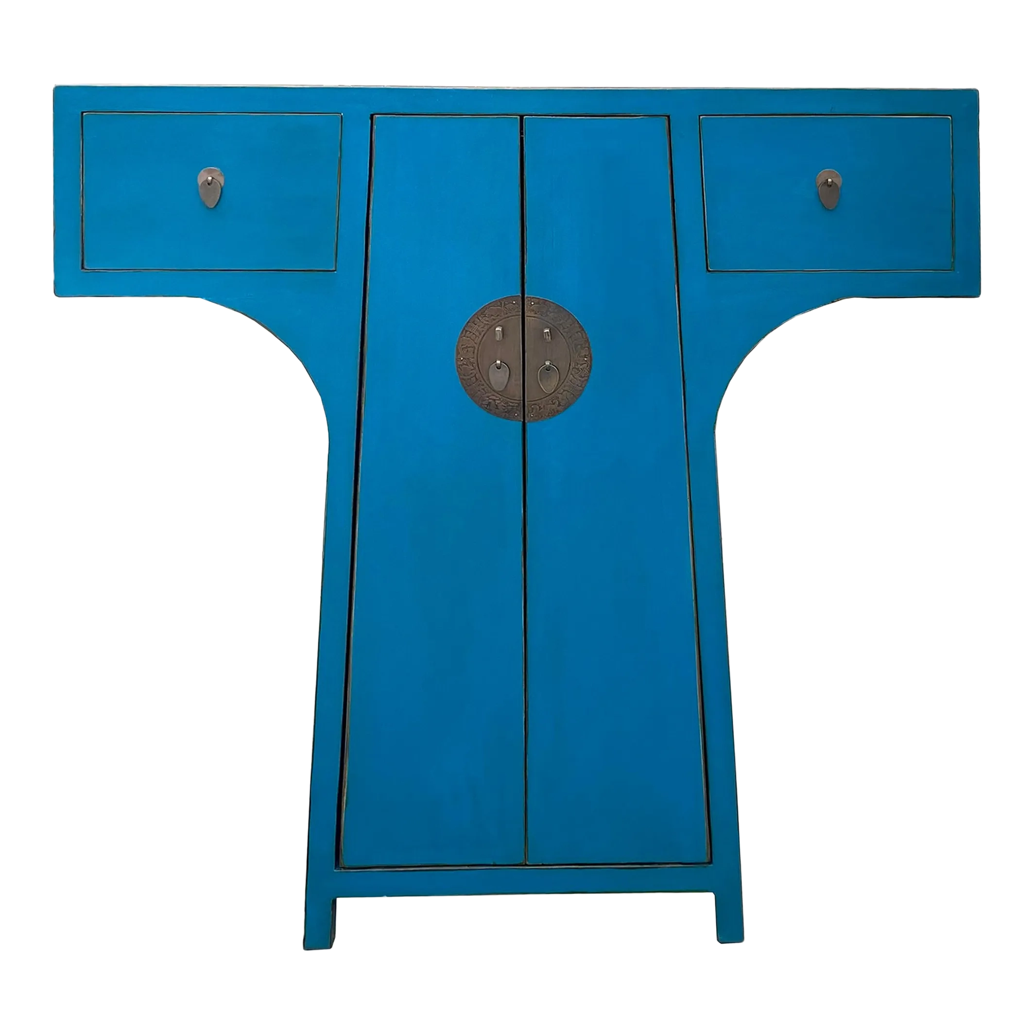 Chinese Moon Face T-Shape Benitoite Blue Drawers Side Table Cabinet ... inside Chinese Simple Narrow Pastel Blue 2 Drawers Side Table Cabinet Hcs7428